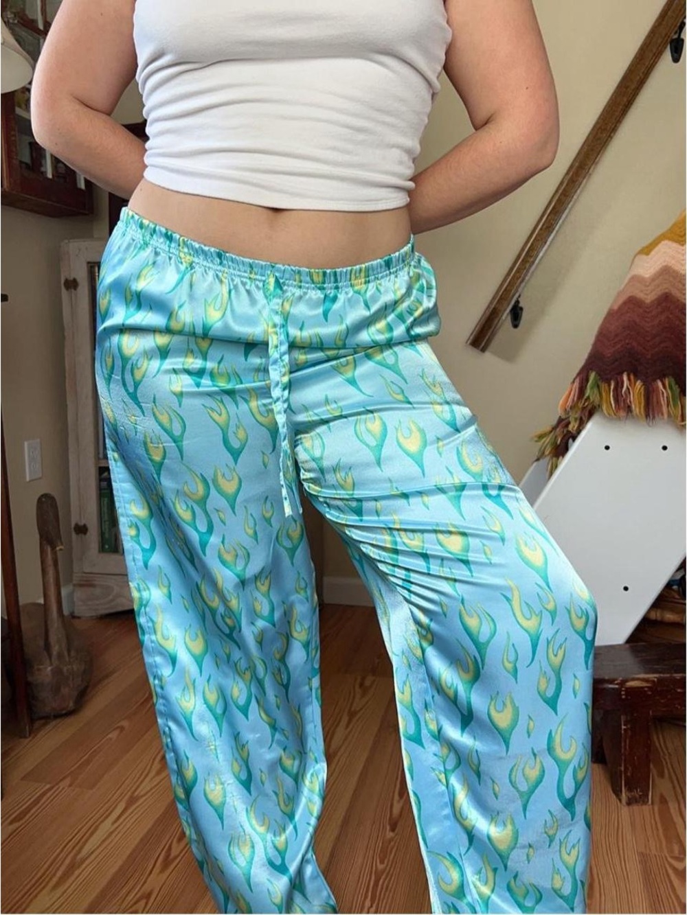 Vintage Y2K Lime Green Flame Print Satin Sleep Pants Loungewear Size Small